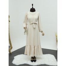 Moda Morfo Göğsü Robalı Kemerli Gofre Elbise -Bej