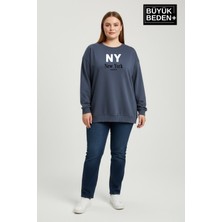 Superlife Kadın Büyük Beden Ny Newyork Baskılı Bisiklet Yaka Ince Sweatshirt SPR26BSWK956-15
