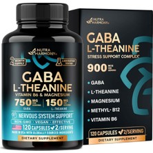 Nutra Harmony Nutraharmony  Ga.ba L-Theanine 900MG 120 Capsul - Made In Usa - Magnesium  Vitamin B6 - Calm,sleep,relaxation  Mood Support - Gam.ma Aminobutyric Acid, L-Theanine, Vegan.50..