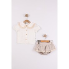 Joy Kids Kız Bebek %100 Ham Keten Dantel Detaylı Takım (6-24AY) (Ekru)