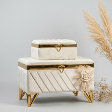 Ceyyiz Krem Kadife V Modeli Nişan Sandığı Seti 2'li - Gold Metal Ayaklı Lüks Çeyiz Sandığı