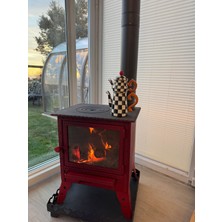 Kaan Kuzine Dekoratif Kırmızı Mini Şömine Soba | Camlı Odun Kömür Sobası |
