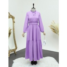Moda Morfo Yaka Fırfırlı Parçalı Gofre Elbise -Lila