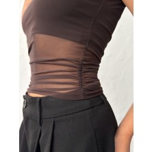 Jeevee Kadın Kahverengi Kayık Yaka Tül Bluz Bolero Iç Detaylı
