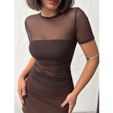 Jeevee Kadın Kahverengi Tül Bluz Bolero Iç Detaylı