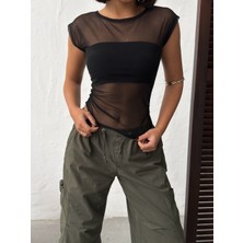 Jeevee Kadın Siyah Kayık Yaka Tül Bluz Bolero Iç Detaylı