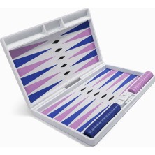 Taşınabilir Tavla Seti 25X20 cm Mor Mavi Beyaz – 3D Baskı Katlanabilir Tavla, Seyahat Tavlası, Zar ve Taş Dahil