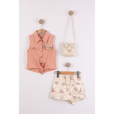 Joy Kids Kız Çocuk Şort Etekli Çantalı Keten Takım (Oranj) (3-6yaş)