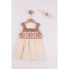 Joy Kids Kız Bebek Etnik Desenli Askılı Keten Elbise (6-24AY) (Bej-Kahve)