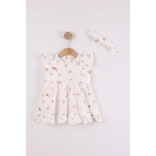 Joy Kids Kız Bebek Papatya Desenli Müslin Elbise Bandana Hediyeli (6-18AY) (Ekru)