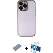 İlk El Grup Ieg™ iPhone 13 Pro Max Kılıf Vadi Minimal - Siyah 3D Antistatik Cam Ekran Koruyucu + Pembe Shine Kamera Lens Koruma Cam