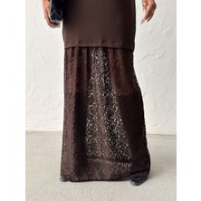 Jeevee Kadın Kahverengi Oversize Dantel Detaylı Maxi Elbise