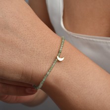 Nox Jewelry 14 Ayar Altın Kaplama Doğal Yeşil Florit Taşlı 2.5 mm Faset Kesim Ay Detaylı Gümüş Bileklik