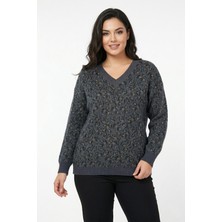 Lavella Kadın V Yaka Leopar Desen Sakallı Triko Kazak BGL-ST05079