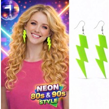 Bilfold 80’ler 90'lar Retro Neon Yeşil Şimşek Küpe 10 cm
