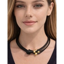 Kutcha Accessories Siyah Kordonlu Düğümlü Kolye Altın Boncuk Detaylı