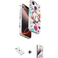 DS LLC Ieg™ iPhone 14 Kılıf Siluet Doku - Siyah Bilvis 3D Mat Cam Ekran Koruyucu + Pembe Diamond Kamera