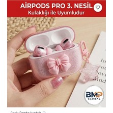BMP GLOBAL Airpods Pro 3. Nesil Uyumlu Kulaklık Kılıfı Taşlı, Simli, Pembe Kurdele Tasarım