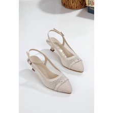 No 35 Moda Sivri Burun File Detaylı Taşlı Kadın Topuklu Ayakkabı