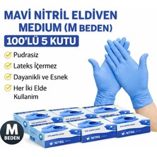 Uslucan Alışveriş Mavi Nitril Eldiven Medium M Beden Pudrasız 100’LÜ 5 Kutu Tek Kullanımlık Muayene Eldiveni Lateksiz Koruyucu Eldiven Seti