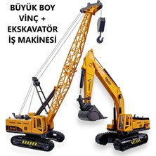Büyük Boy Vinç + Büyük Boy Kepçe Ekskavatör Oyuncak Kırılmaz Iş Inşaat Makinesi 30 Cm.