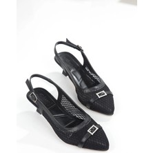 No 35 Moda Sivri Burun File Detaylı Taşlı Kadın Topuklu Ayakkabı