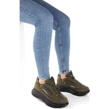 No 35 Moda Kalın Tabanlı Kırmızı Desenli Bağcıklı Unisex Haki Spor Ayakkabı