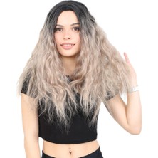 Alvera Kabarık Daalı Uzun Fiber Sen Peruk / Siyah / Küllü Bebek Sarı  Ombreli