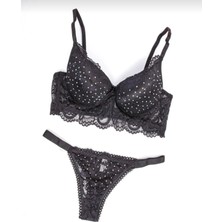 Pink Cadillac Serpme Taş Detaylı Sütyen Takımı -Siyah