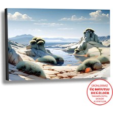 Harikabirev Kanvas-Duvar-Salon Tablosu Yağlı Boya Efektli Manzara Nehirli Dağ 2 Art|tekli Yatay Çerçevesiz