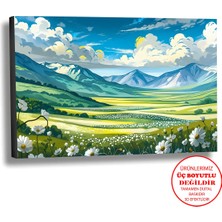 Harikabirev Kanvas-Duvar-Salon Tablosu Yağlı Boya Efektli Manzara Yeşil Kır Art|tekli Yatay Çerçevesiz