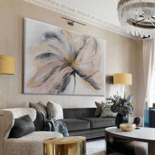 Harikabirev|gri -Siyah-Sarı Detayli Çiçek Tablosu 6|tekli Çerçevesiz Yatay Kanvas Tablo