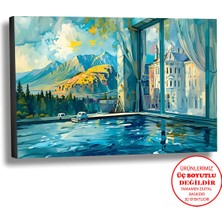 Harikabirev Kanvas-Duvar-Salon Tablosu Yağlı Boya Efektli Manzara Havuz Art|tekli Yatay Çerçevesiz