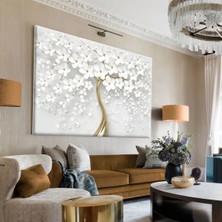 Harikabirev|gold-Beyaz Çiçek Desenli Ağaç Tablosu |tekli Çerçevesiz Yatay Kanvas Tablo