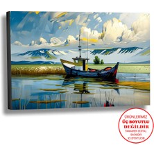Harikabirev Kanvas-Duvar-Salon Tablosu Yağlı Boya Efektli Manzara Issız Tekne Art|tekli Yatay Çerçevesiz