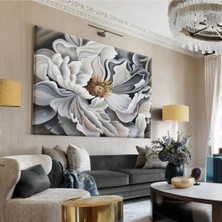 Harikabirev|gri -Siyah-Sarı Detayli Çiçek Tablosu 7|tekli Çerçevesiz Yatay Kanvas Tablo