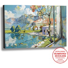Harikabirev Kanvas-Duvar-Salon Tablosu Yağlı Boya Efektli Manzara Pencere Göl Art|tekli Yatay Çerçevesiz