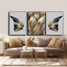 Harikabirev Lacivert-Gold Kelebek Kanat Tablosu |3lü Dikey Çerçevesiz Kanvas Tablo Çsdkyknvs