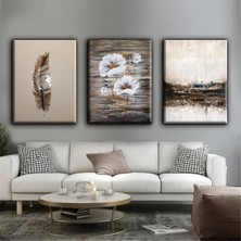 Harikabirev Kahverengi Beyaz Çiçekli Tablo 02 |3lü Dikey Çerçevesiz Kanvas Tablo Çsdkyknvs