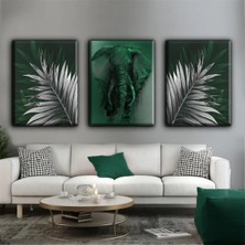 Harikabirev Yeşil-Gümüş Filtablo |3lü Dikey Çerçevesiz Kanvas Tablo Çsdkyknvs