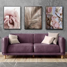 Harikabirev Pembe-Gold Çiçek Tablosu 02 |3lü Dikey Çerçevesiz Kanvas Tablo Çsdkyknvs