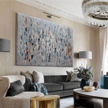 Harikabirev|gri -Mavi-Turuncu Soyut Tablo |tekli Çerçevesiz Yatay Kanvas Tablo