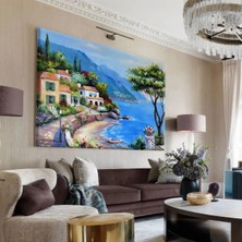 Harikabirev|mavi-Beyaz Deniz Manzara Tablosu 1 |tekli Çerçevesiz Yatay Kanvas Tablo