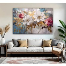 Harikabirev | Pembe-Gold Çiçek Desenli Modeli | Tekli Yatay Kanvas Tablo