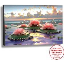 Harikabirev Kanvas-Duvar-Salon Tablosu Yağlı Boya Efektli Manzara Nilüfer Çiçeği Art|tekli Yatay Çerçevesiz