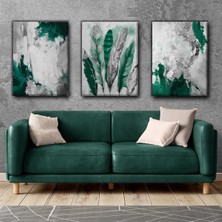 Harikabirev Gri-Yeşil Soyut Tüy Tablo|3lü Dikey Çerçevesiz Kanvas Tablo Çsdkyknvs