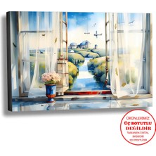 Harikabirev Kanvas-Duvar-Salon Tablosu Yağlı Boya Efektli Manzara Pencere Art|tekli Yatay Çerçevesiz