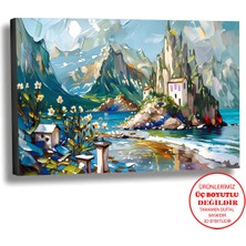 Harikabirev Kanvas-Duvar-Salon Tablosu Yağlı Boya Efektli Manzara Dağ Deniz Şato Art|tekli Yatay Çerçevesiz