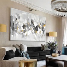 Harikabirev|beyazz-Gri -Gold Asoyut Detayli Tablo|tekli Çerçevesiz Yatay Kanvas Tablo