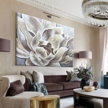 Harikabirev|beyaz-Gri Çiçekli Tablo|tekli Çerçevesiz Yatay Kanvas Tablo